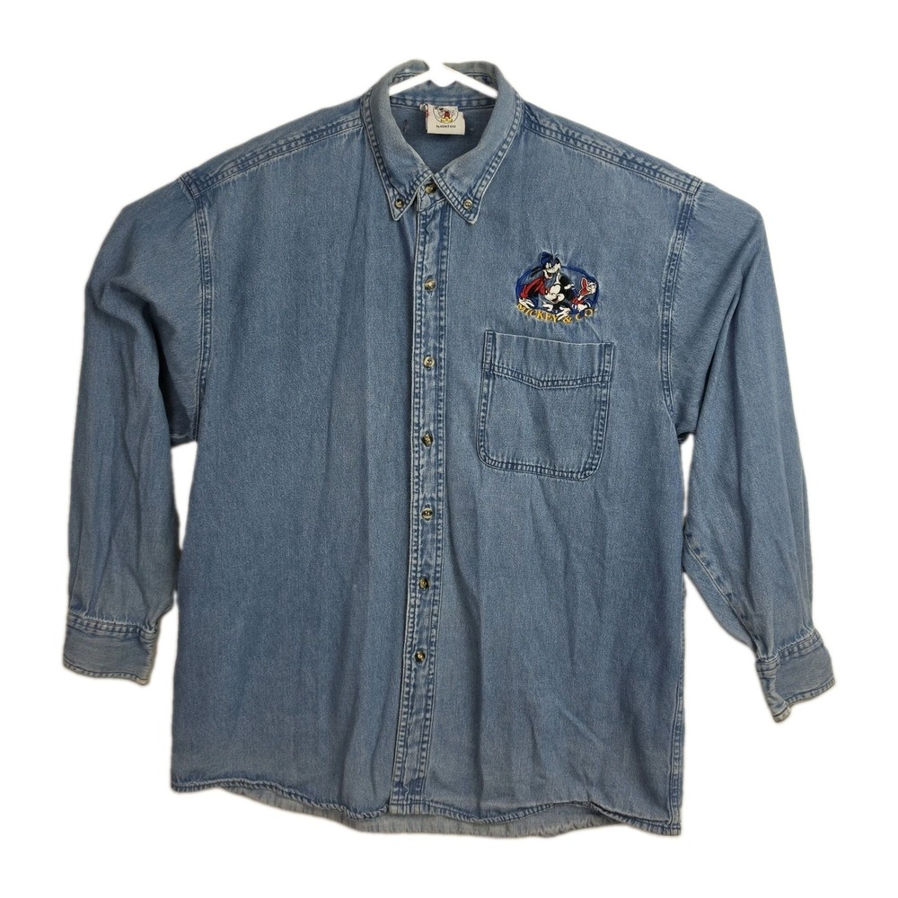 Vintage Disney Mickey & Co Button-Up Denim Shirt Women's L Blue Embroid. Mickey